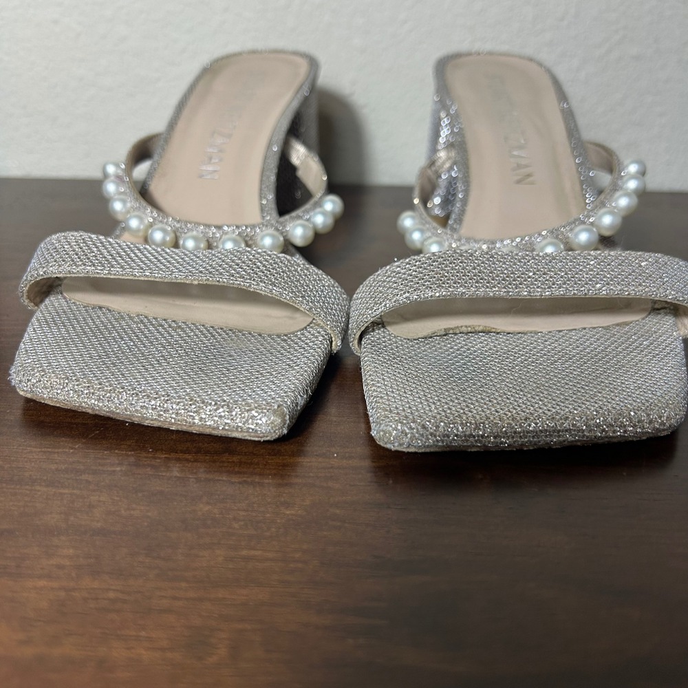 Stuart Weitzman Sandals Sz 11 Goldie 60 Pearl Glitter Block Slide Champagne Gold - Picture 3 of 11